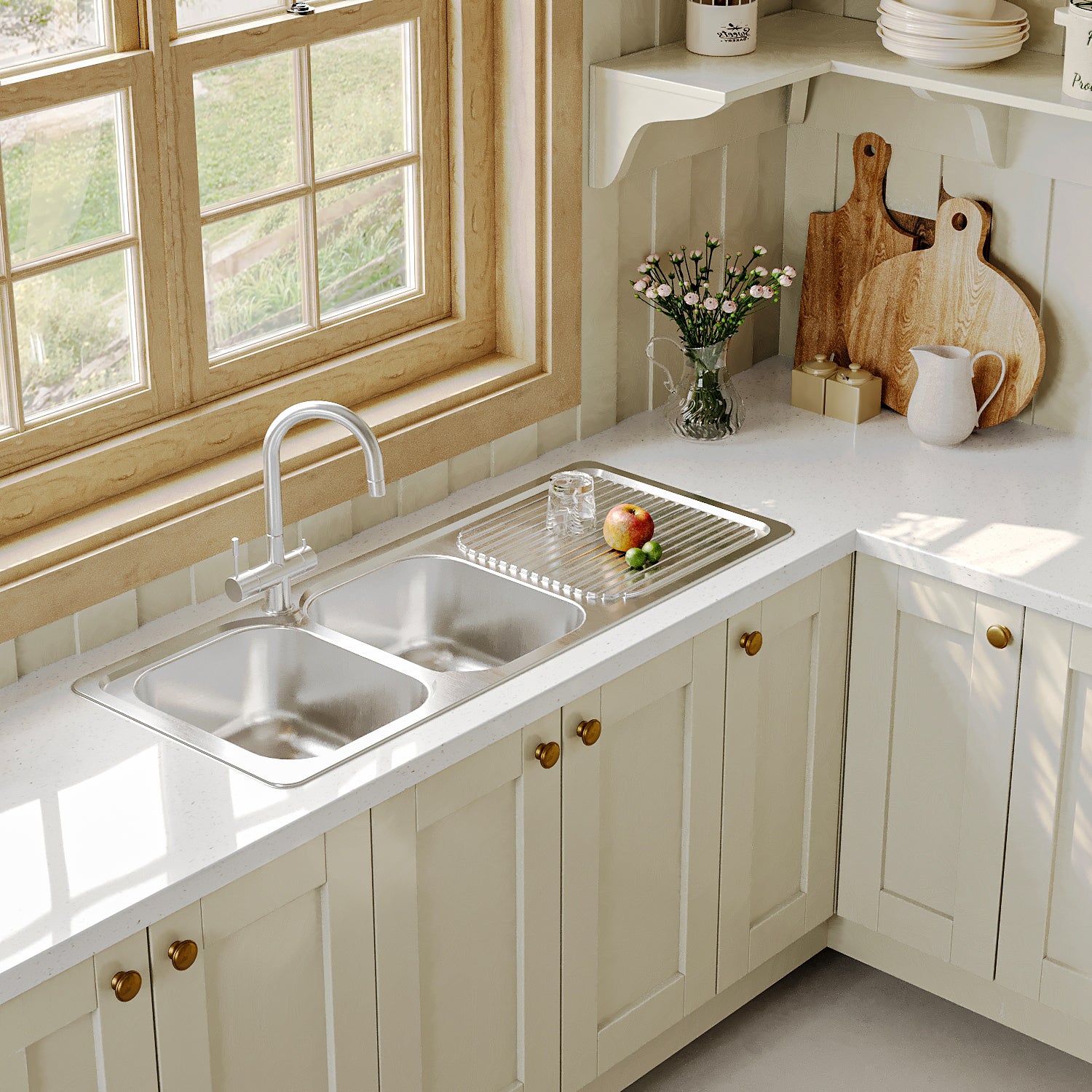 Naiture Double Bowl Stainless Steel Kitchen Sink, Rectangular Drop-In Top Mount Sink, 46-1/2" X 18-7/8" with Drainboard and Single Faucet Hole