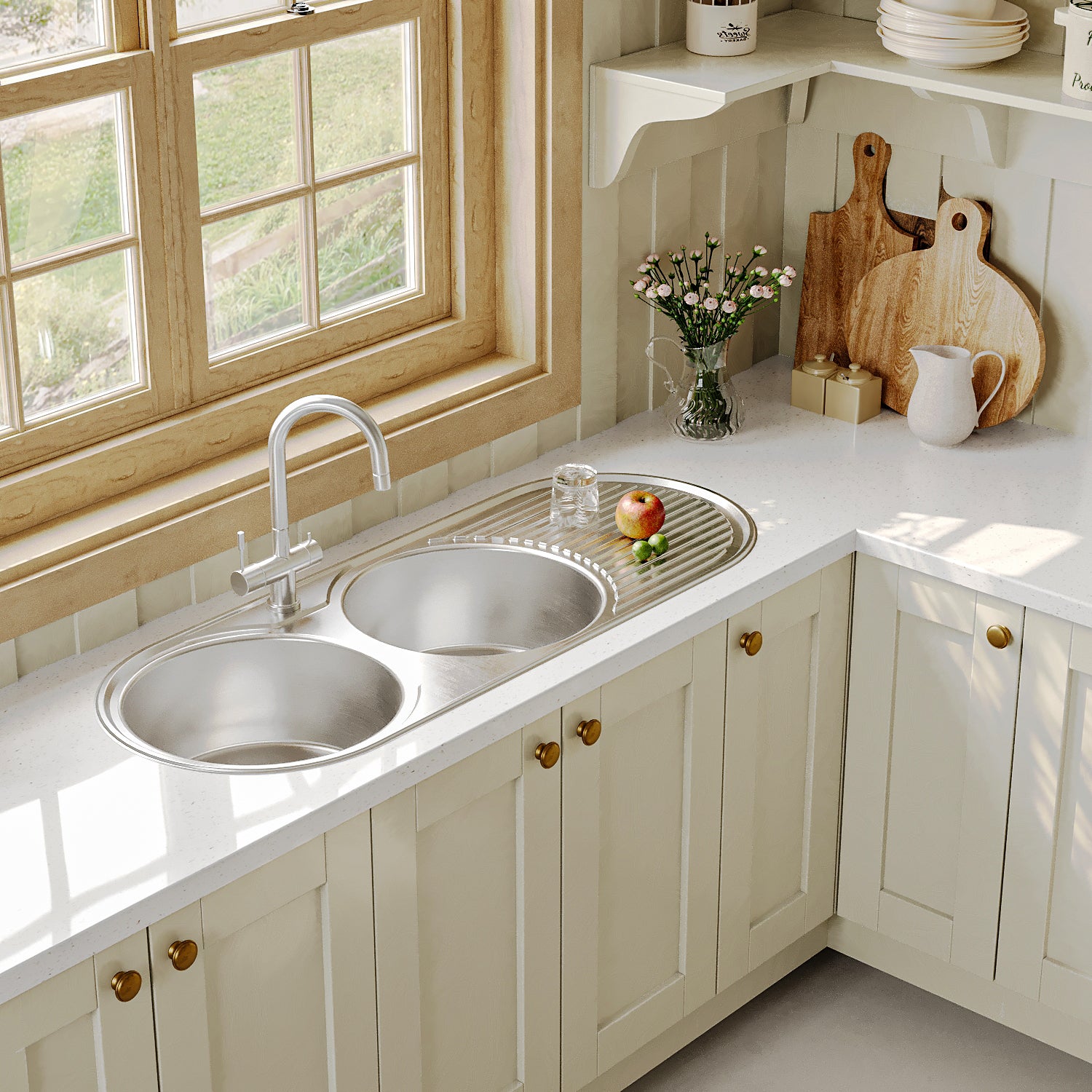 Naiture Double Bowls Stainless Steel Kitchen Sink, Oval Drop-In Top Mount Sink, 50" X 19" with Drainboard and Single Faucet Hole