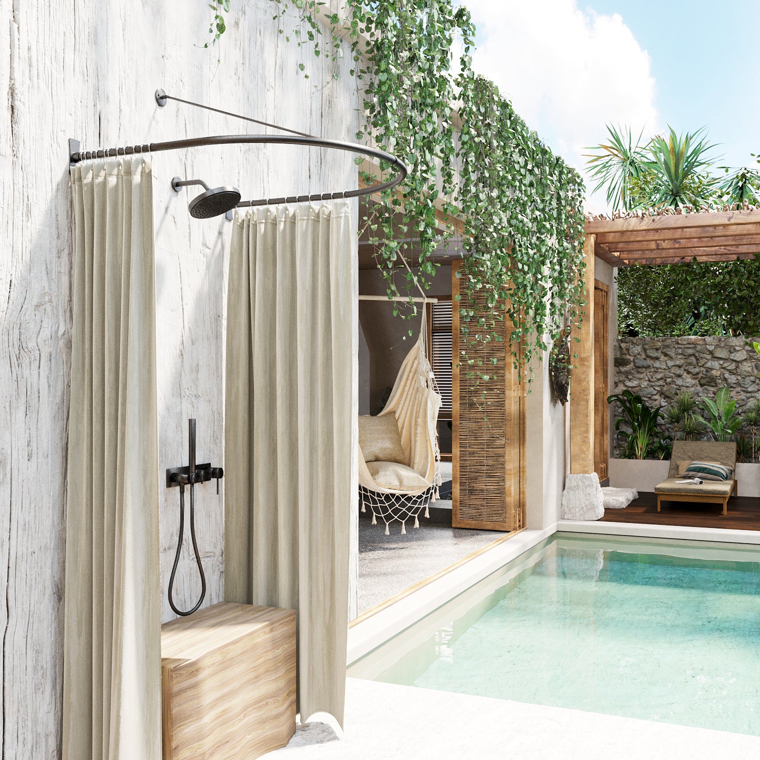 Half-oval outdoor shower curtain rod in black with curtains by a poolside area with furniture and plants.