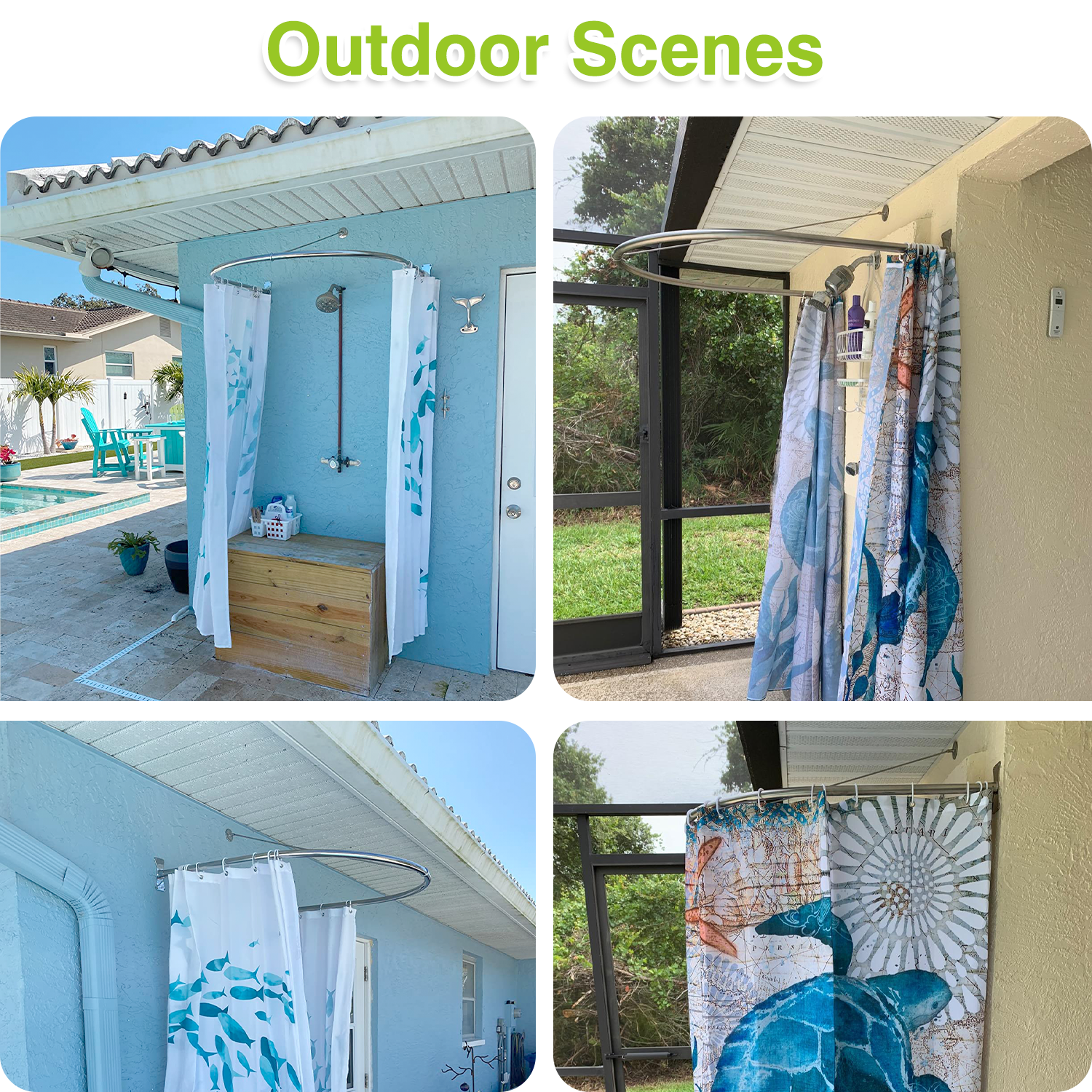 Outdoor shower rods with curtains in various outdoor scenes