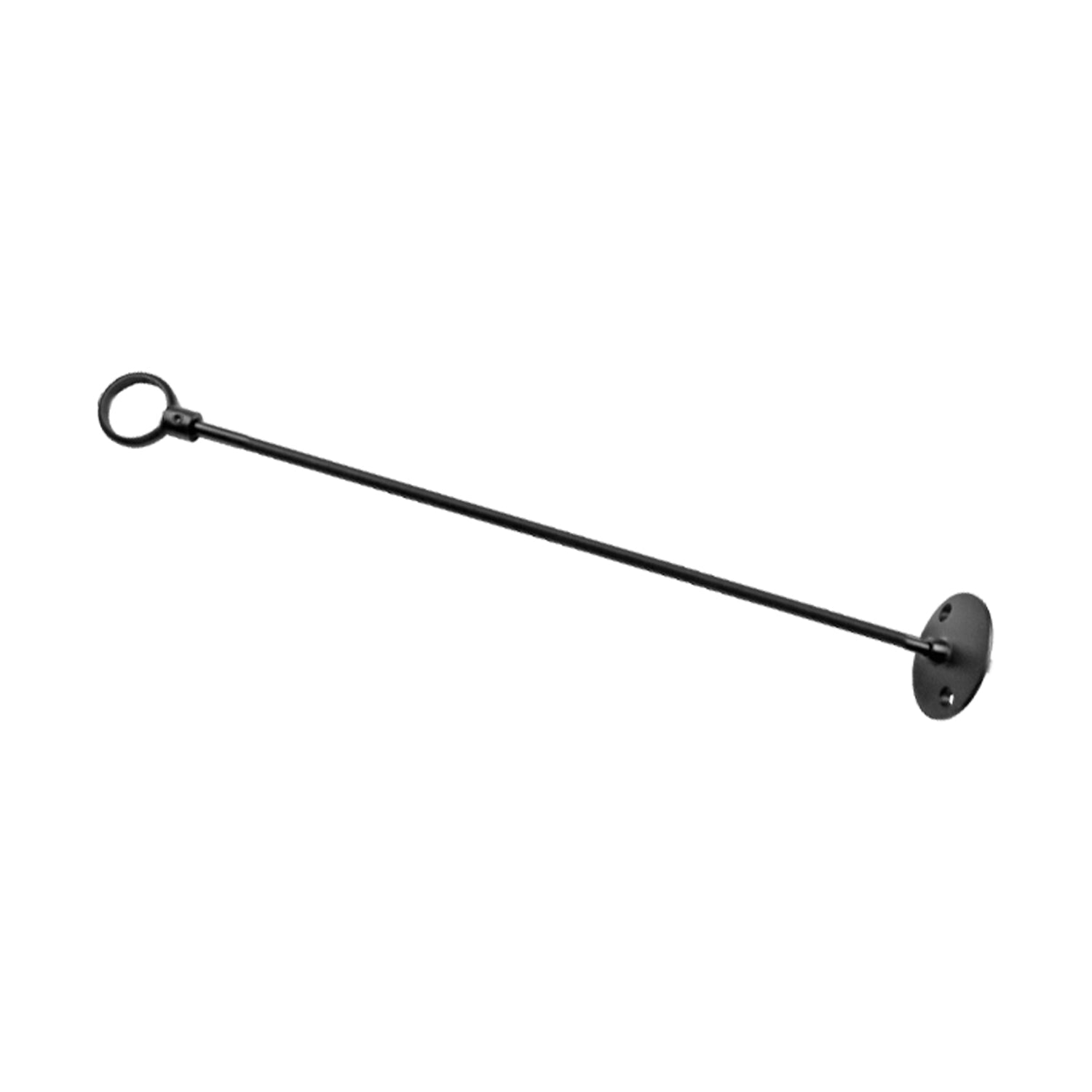 Black metal curtain ceiling support rod with loop and end flange on a white background