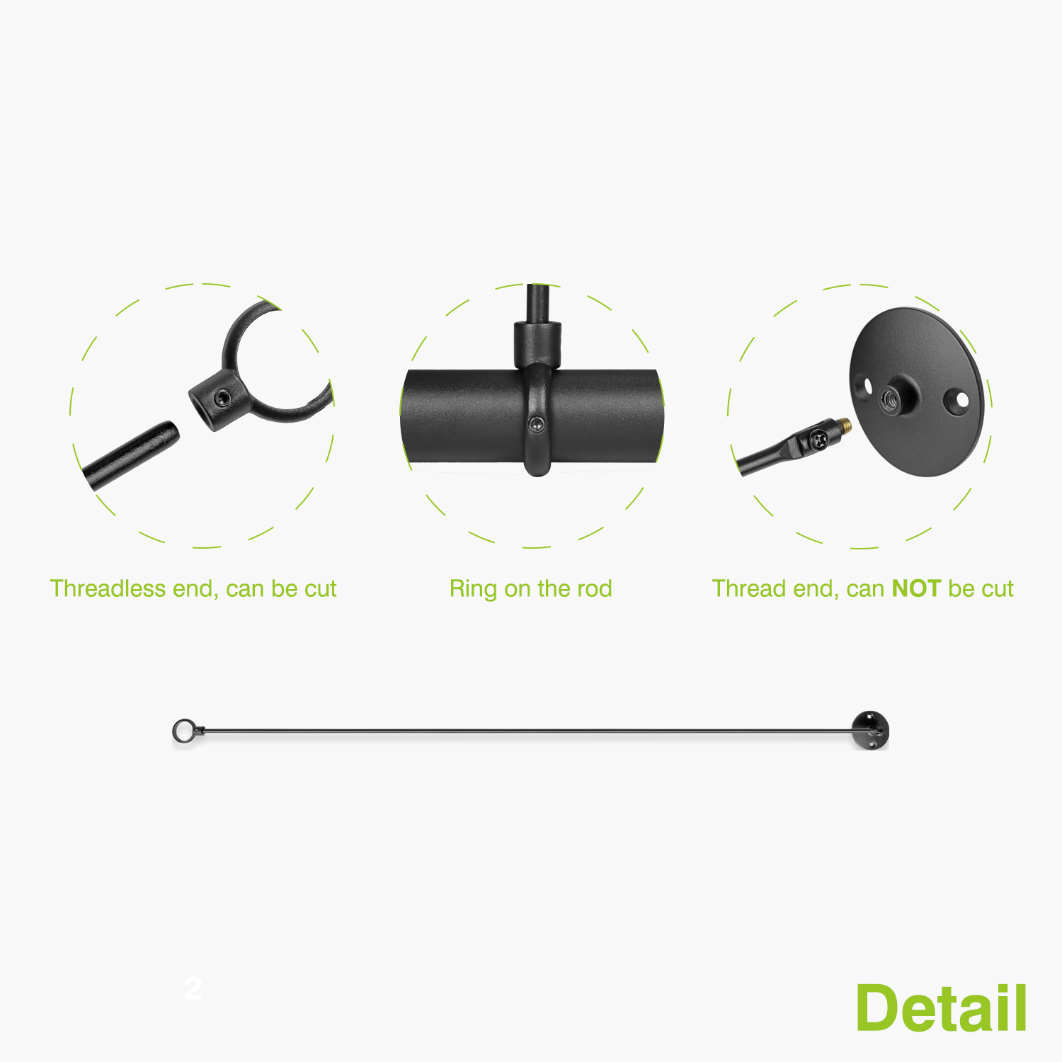 Black swivel ceiling rod with various details