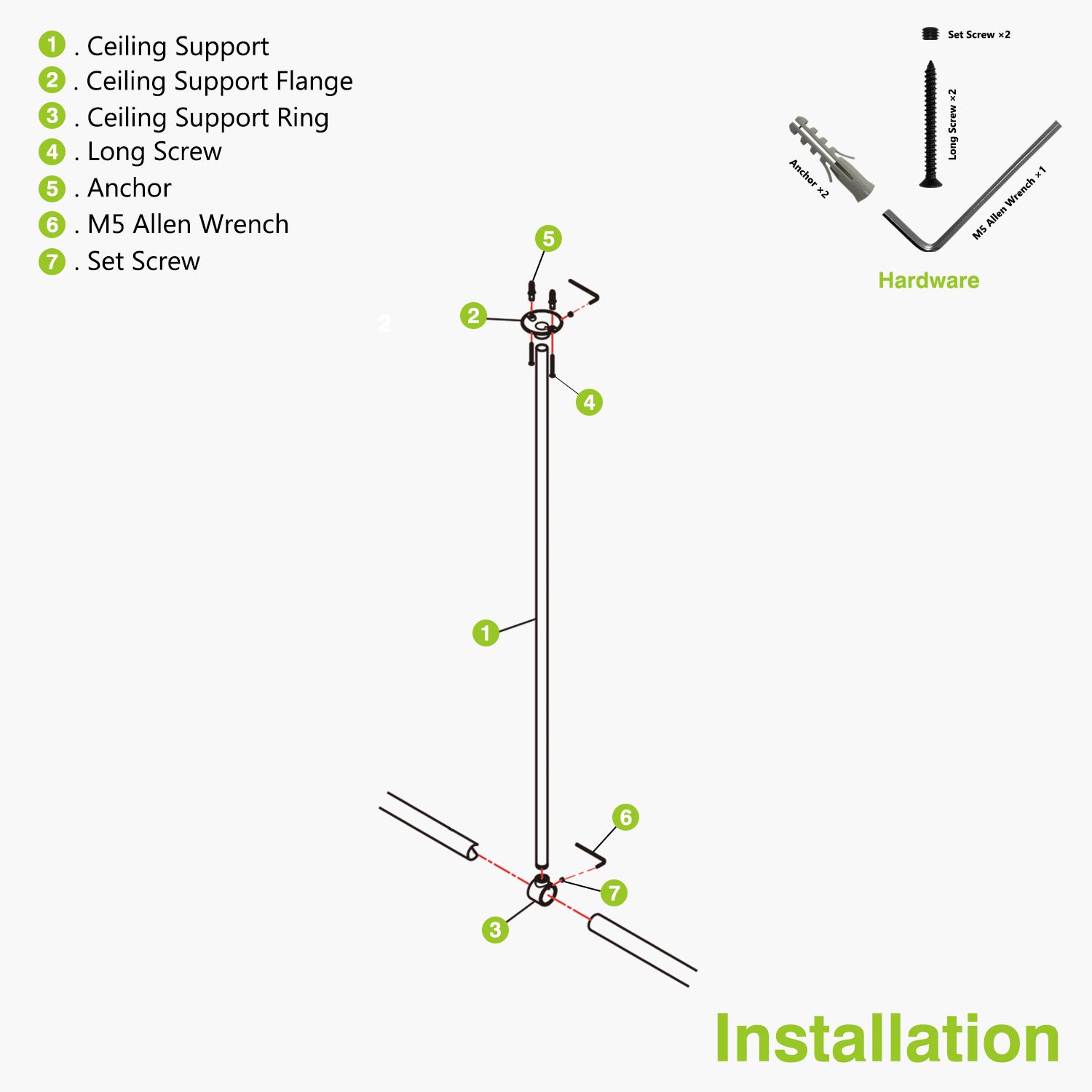 Diagram of ceiling support installation with labeled parts and hardware