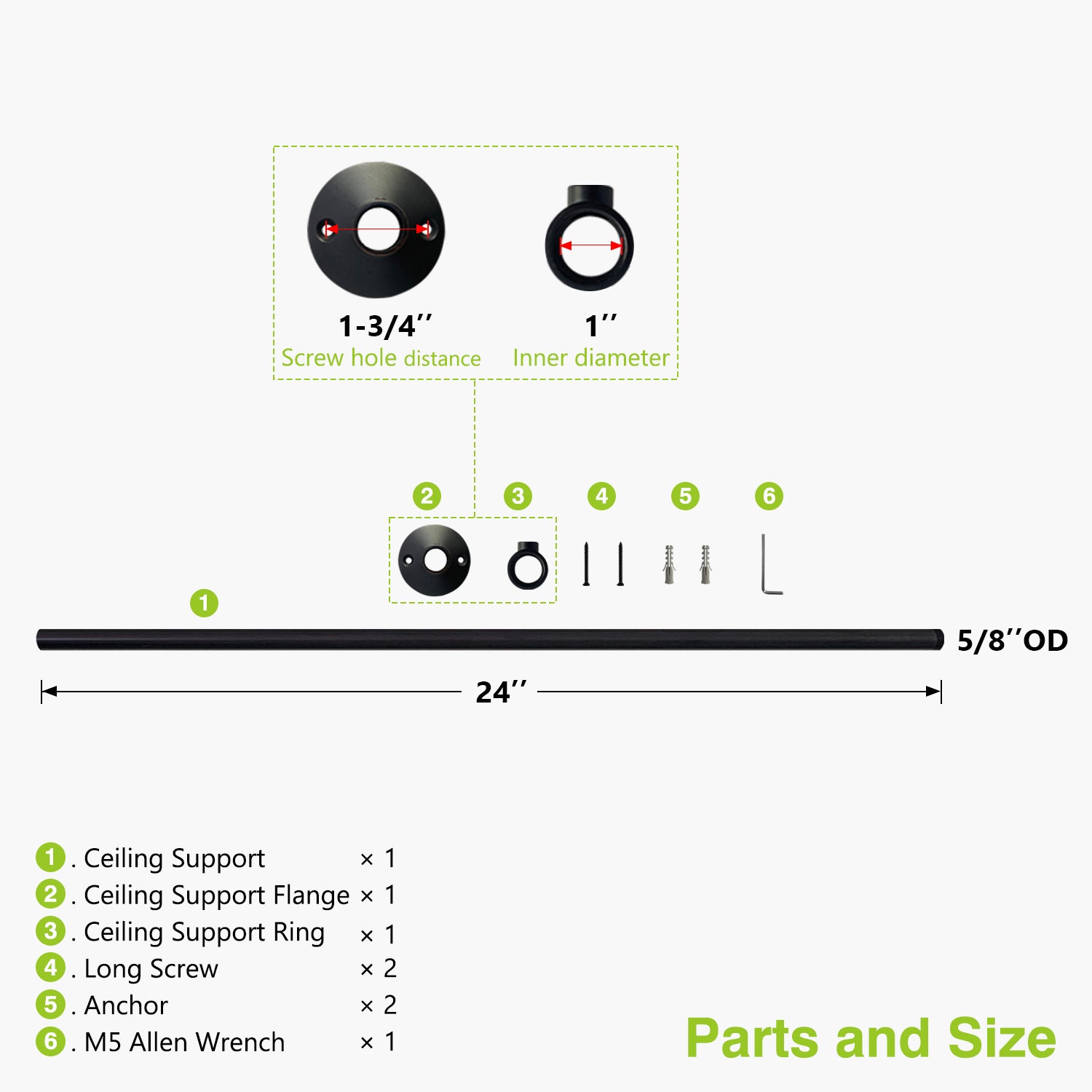 Technical diagram of a ceiling support system with measurements and parts list on a white background.