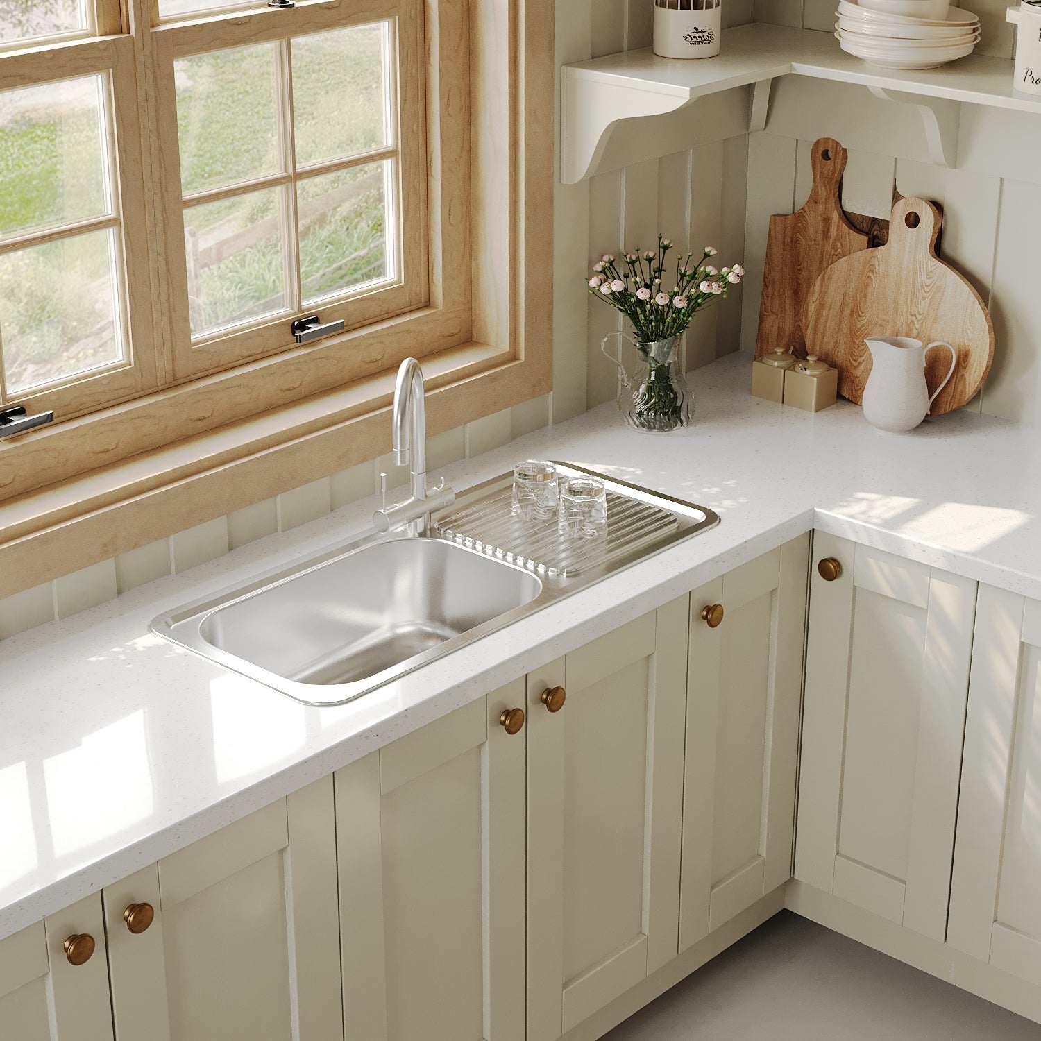 Naiture Drop-In Kitchen Sink, Rectangular Single Bowl Top Mount Sink, 21-Gauge 304 Stainless Steel, 37-3/4" X 17" with Left Drainboard and Single Faucet Hole