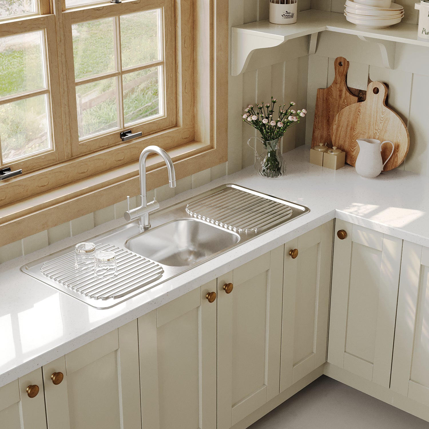 Naiture Double Drainboards Drop-In Kitchen Sink, Rectangular Single Bowl Top Mount Sink, 304 Stainless Steel, 46-1/2" X 18-7/8" with Single Faucet Hole