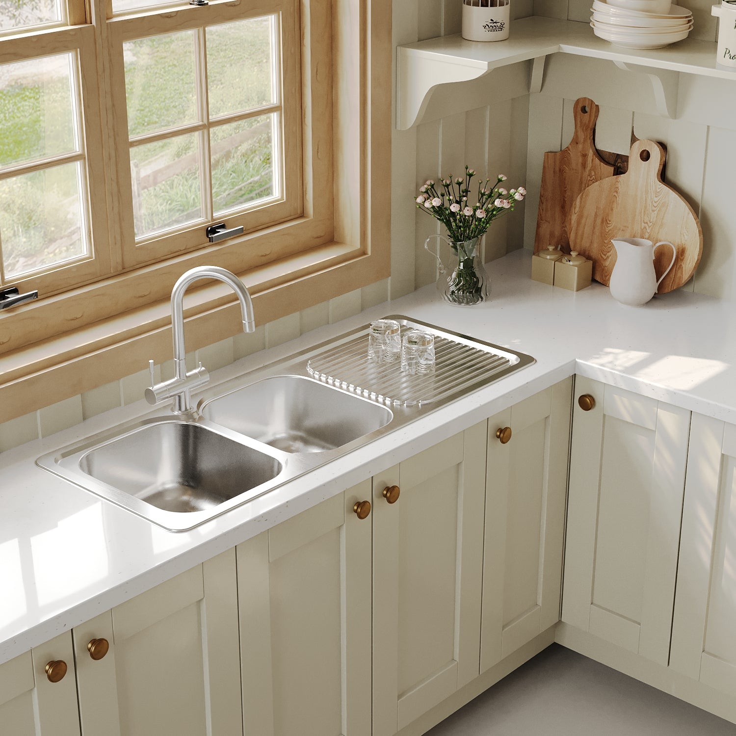 Naiture Double Bowl Stainless Steel Kitchen Sink, Rectangular Drop-In Top Mount Sink, 46-1/2" X 18-7/8" with Drainboard and Single Faucet Hole