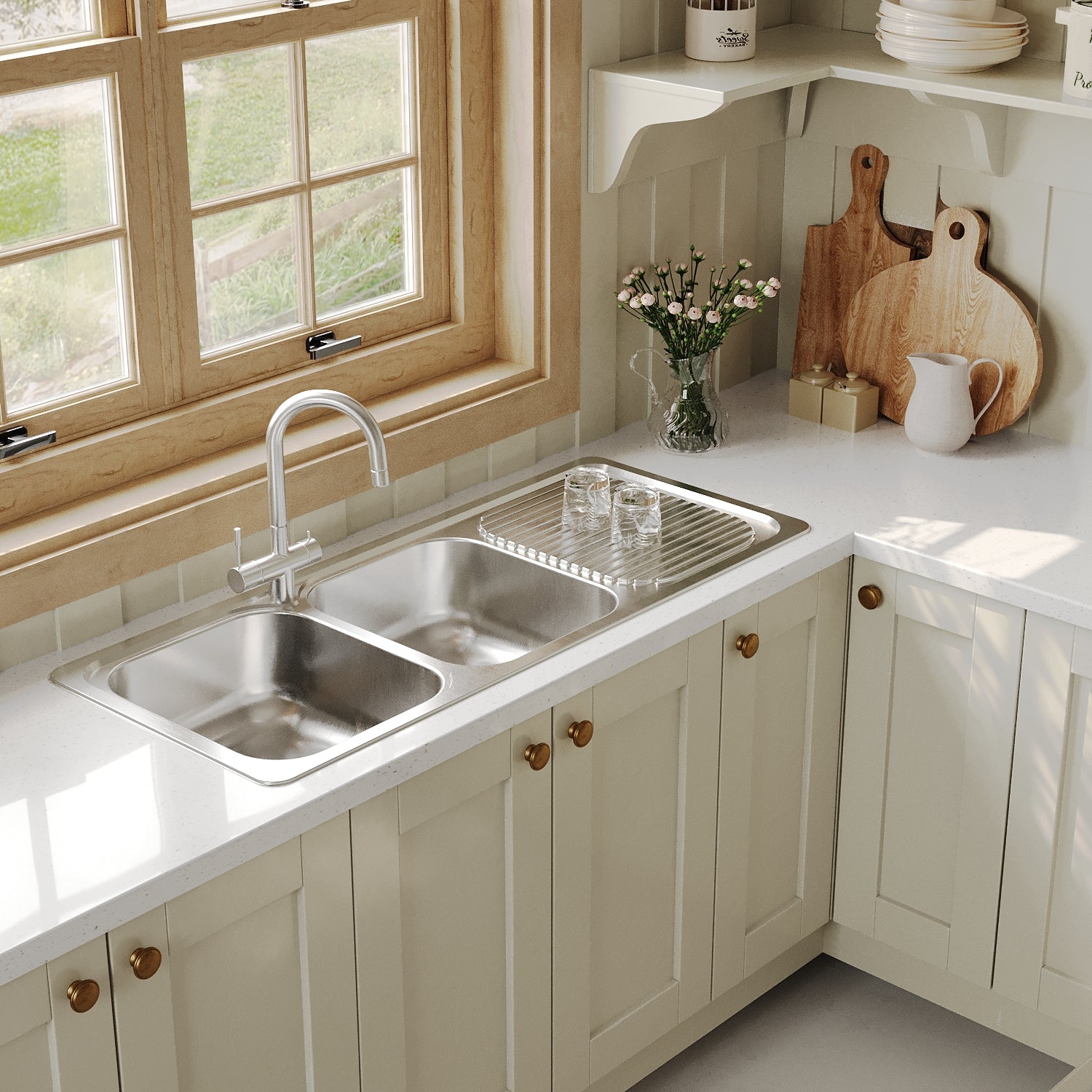 Naiture Double Bowl Stainless Steel Kitchen Sink, Rectangular Drop-In Top Mount Sink, 47-1/2" X 20" with Drainboard and Single Faucet Hole