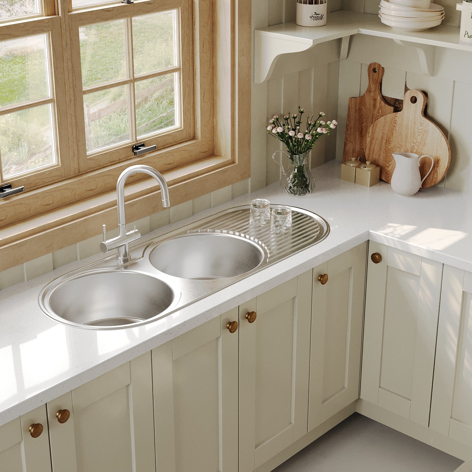Naiture Double Bowl Stainless Steel Kitchen Sink, Oval Drop-In Top Mount Sink, 50" X 19" with Drainboard and Single Faucet Hole