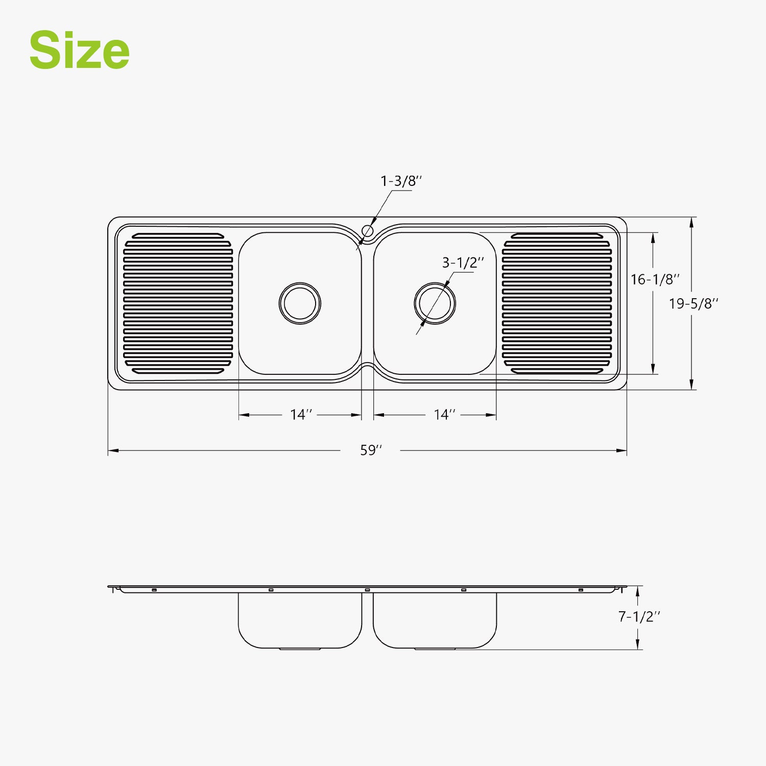 Technical drawing of a double-basin kitchen sink with dimensions labeled
